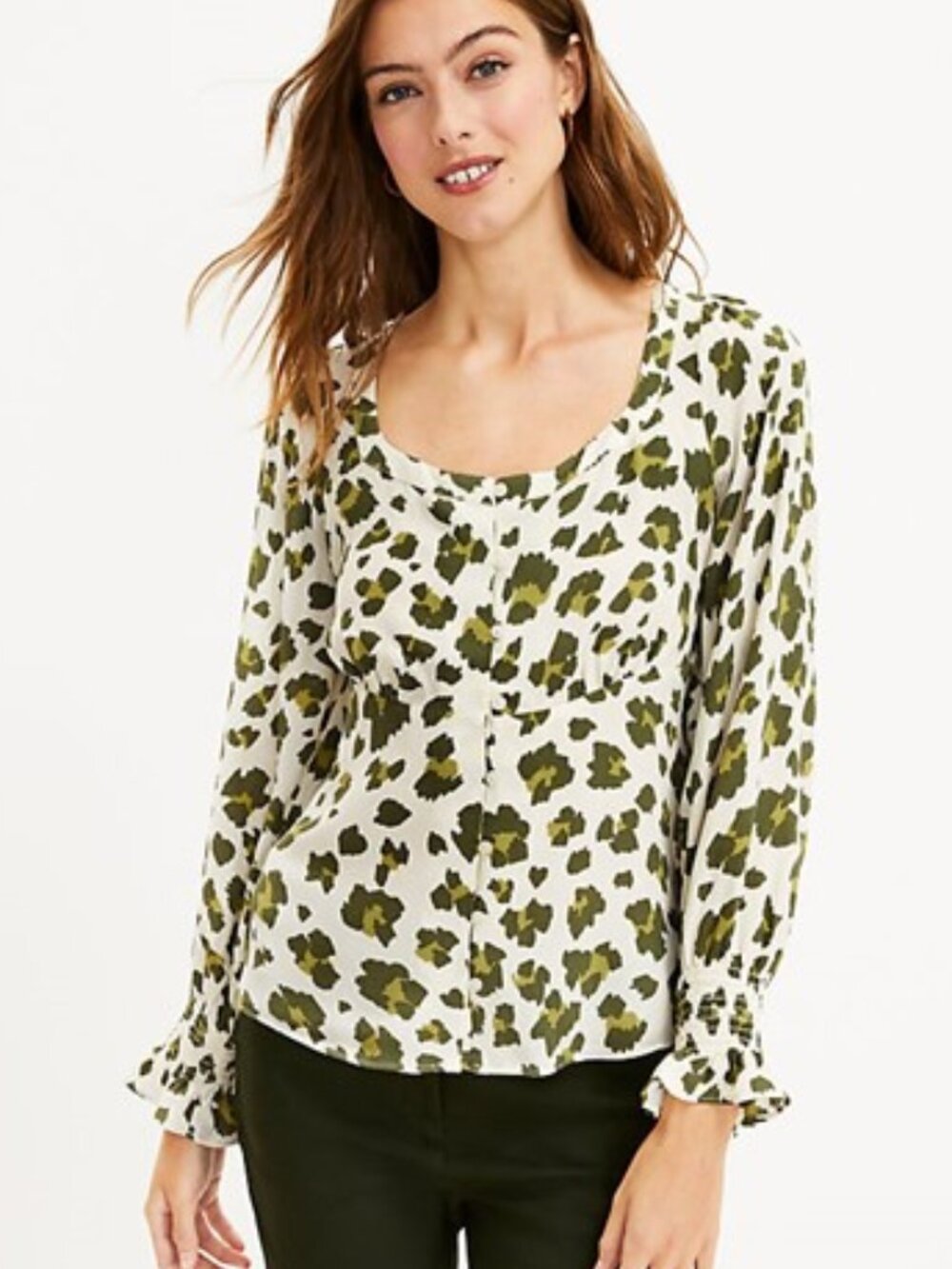NWT, LOFT Cheetah Print Smocked Cuff Blouse - XS